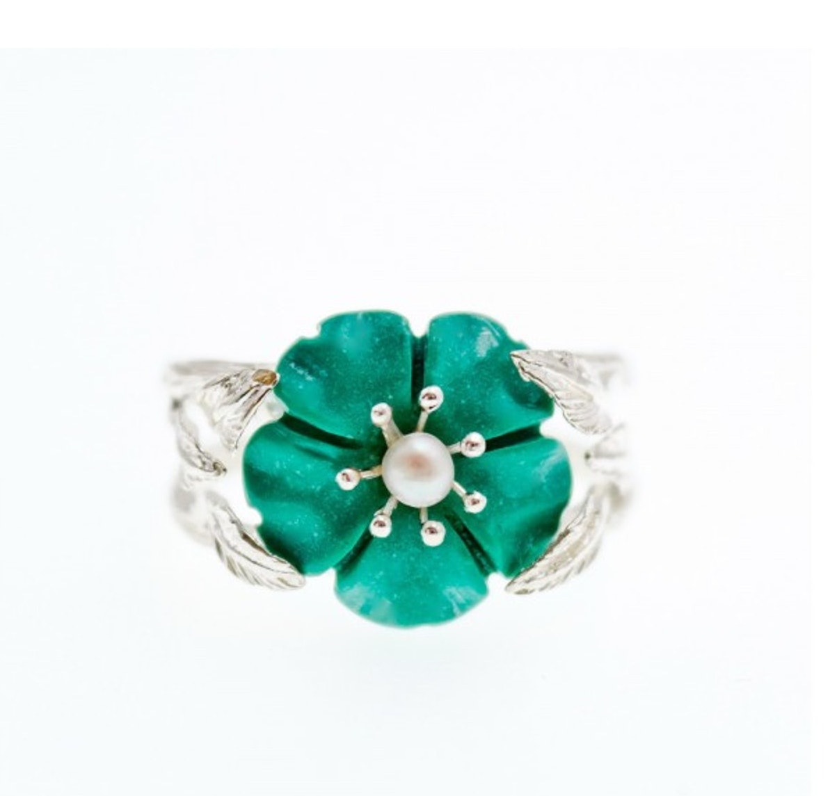 925 Sterling Silver Pearl & Enamel "Flower" Ring Size 10